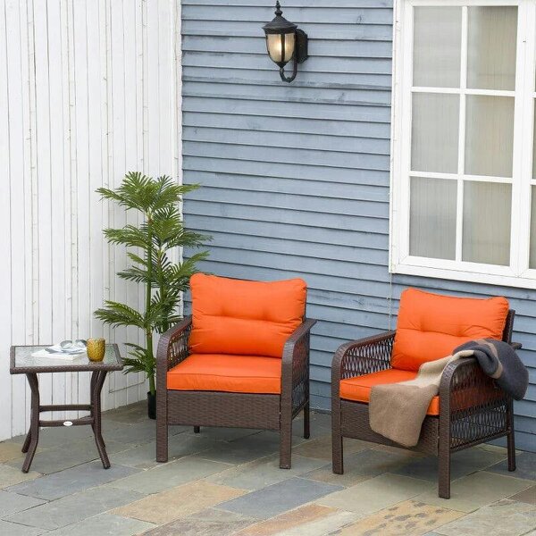 3 Pieces Rattan Bistro Set with Glass Top Coffee Table, Chairs and Cushions for Outdoor, Patio, Balcony, Orange