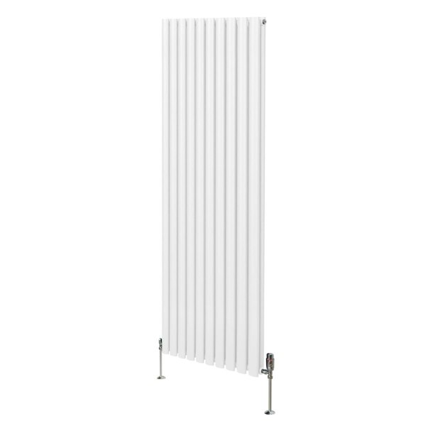 Oval column radiator in white, 1800mm x 600mm, featuring vertical fins and sleek valves, ideal for modern heating solutions