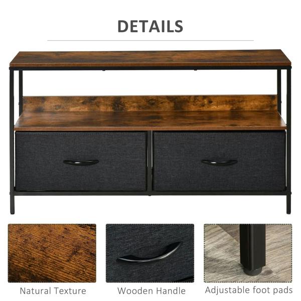 TV stand cabinet detail: rustic brown tabletop, two gray drawers with curved handles