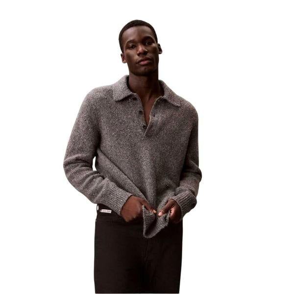 Calvin Klein Mens Heather Long-Sleeved Polo Sweatshirt - Grey Heather - 