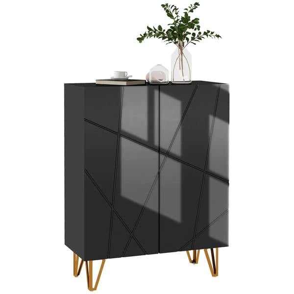 Black narrow shoe storage cabinet with glossy doors and gold tapered legs