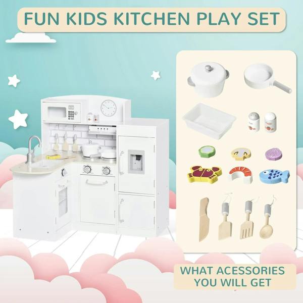 White kids wooden play kitchen set with included accessories shown beside the kitchen