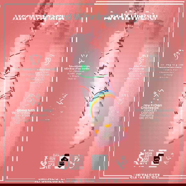 A pink, illustrated water bottle is being held; it features a hide-away handle, crevice-free design, and wide mouth. The bottle is an award-winning design, made of slim stainless steel.