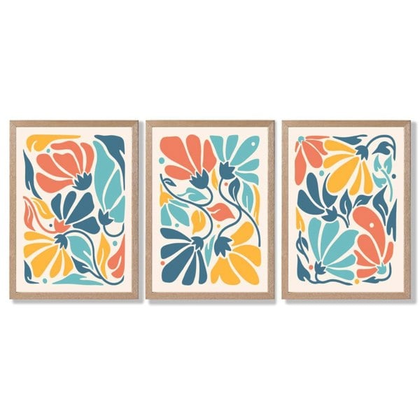 Set of 3 Colourful Floral Framed Art Prints with Light Oak Frames