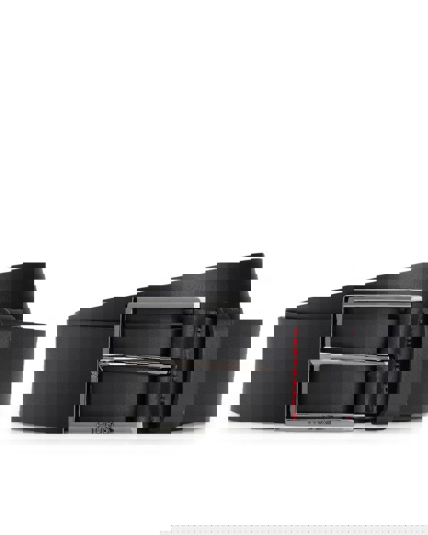 HUGO Geek Mens Smooth-Leather Belt with Brushed-Silver Buckle  - Black 001 - CHO - Designer Mens Belts