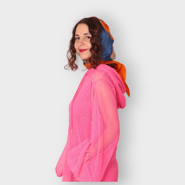 Hot Pink Holiday Resort Dress with matching hot pink undergarment and hoodie. Short Version as a cut out from the side.Plain background.