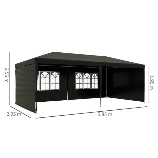 Black 6x3 m party tent gazebo with window panels and shown side dimensions