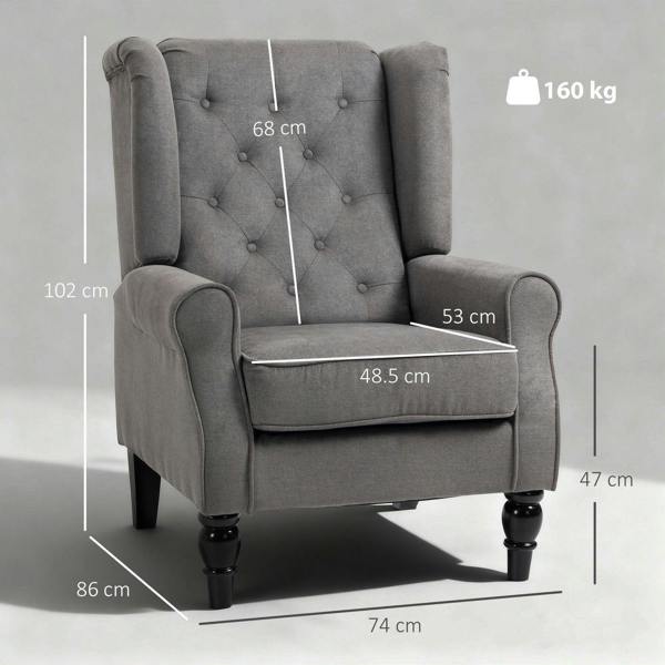 Dark grey wingback armchair with button-tufted back, padded seat, and turned legs
