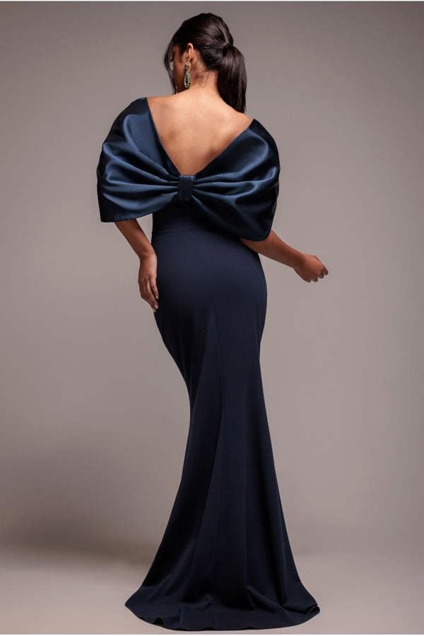Off Shoulder Back Satin Bow Scuba Maxi Dress - Navy Blue DR4708