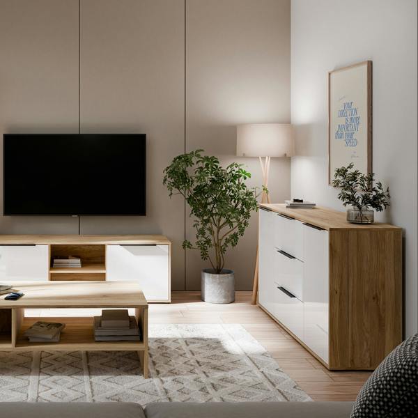 Furniture To Go Orkney 3 Drawer Sideboard with 2 Doors in Mauvella Oak and White Gloss
