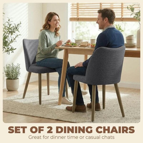 Bobobiy Dining Chairs Set of 2, Linen Upholstered Kitchen Chairs with Padded Seat, Curved Backrest, Rubberwood Legs, Dark Grey