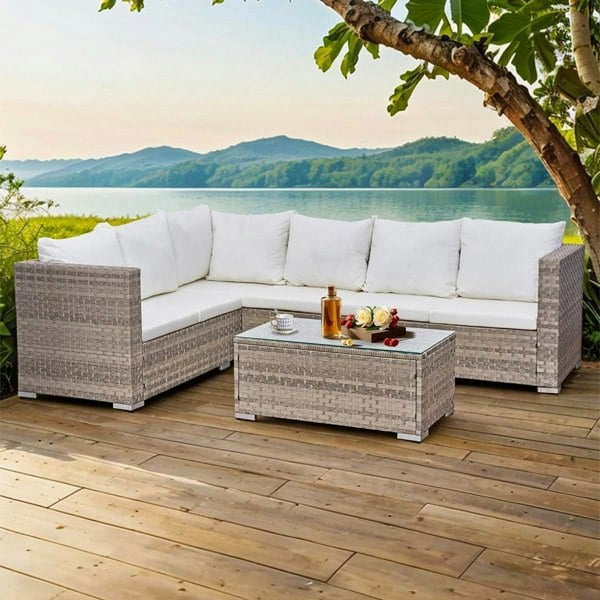 Oseasons Acorn Alt Rattan 6 Seat Corner Sofa Set in Dove Grey  with Creamy White Cushions