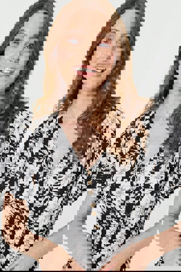 Black | Floral Shirred Knee Length Dress