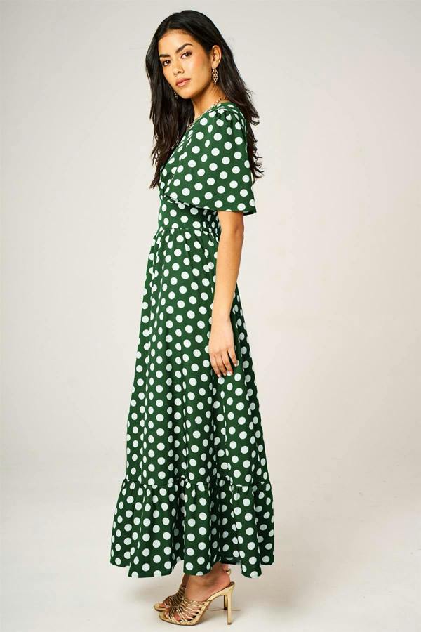 FS Collection Dot Print Angel Sleeve V Neck Frill Hem Midi Dress In Green
