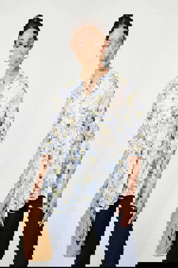 Blue | Floral Lace 3/4 Sleeve Ruched Blouse