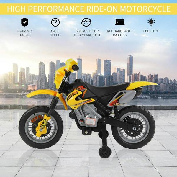 Yellow and black kids electric ride-on motorcycle with front LED headlight