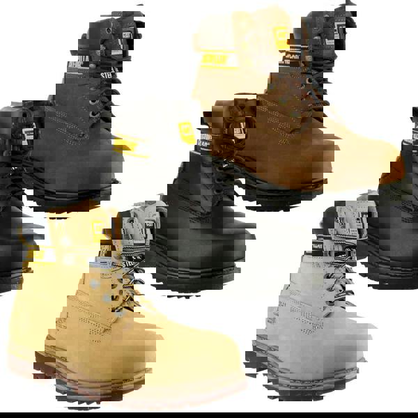 Caterpillar Holton Mens SB Safety Steel Toe Cap Lace Up Work Boots, featuring durable leather and rugged sole design available in black, brown, and tan colors.