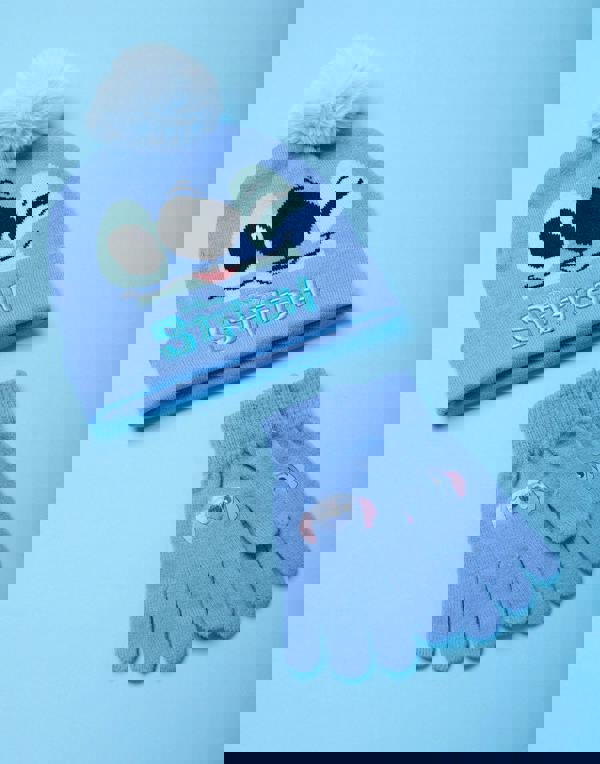 Disney Girls Blue Stitch Character Face Beanie and Gloves Set (One Size)