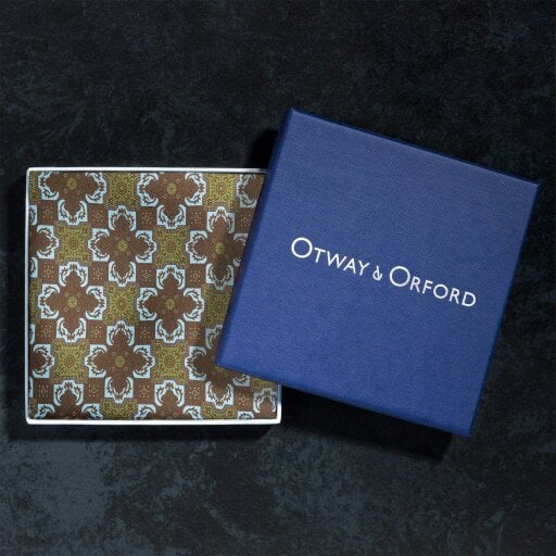 Otway & Orford 'Arabesque' tile design silk pocket square in brown, green & turquoise (42 x 42cm)