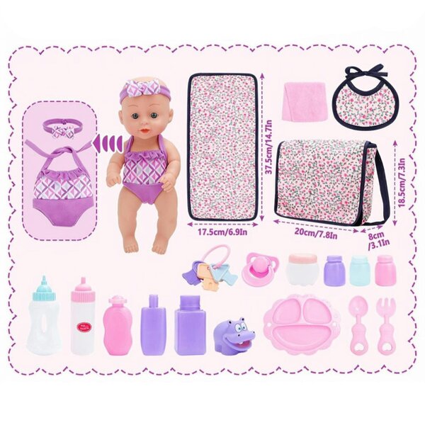 deAO Toys deAO Baby Doll Care Set with Changing Bag, Feeding Accessories & Outfit Pretend Play Nurturing Toy for Kids Ages 3+