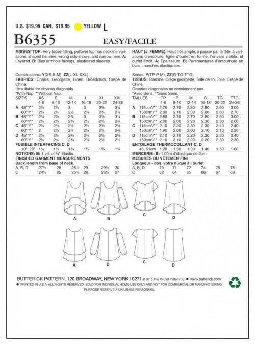 Butterick Sewing Pattern 6355, Tops for Women, 4-6-8-10-12-14 - Easy