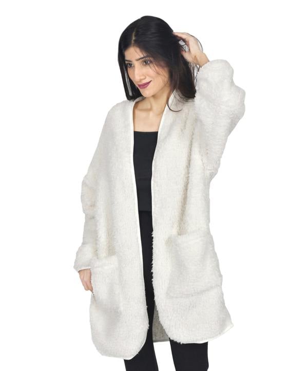 Smart Living Women's Borg Bathrobe with Ribbed Placket - Cream