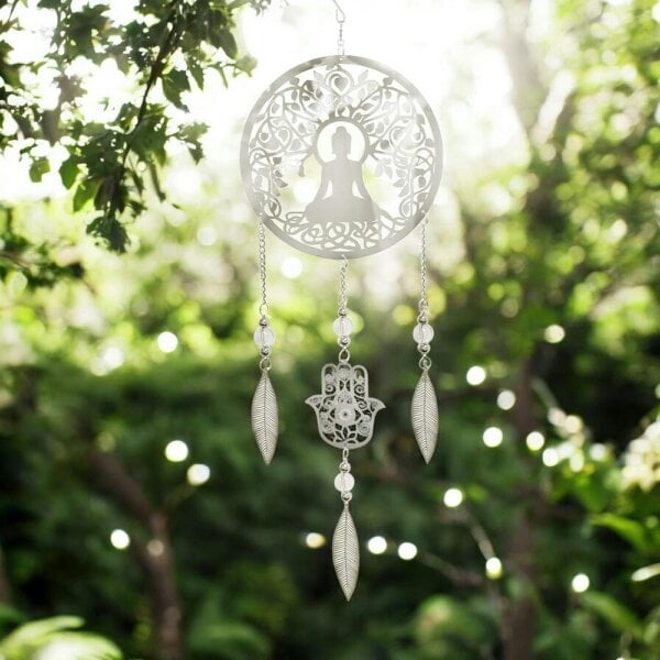 EDH Door Hardware Buddha Stainless Steel Hanging Dreamcatcher – 59cm x 18cm | Spiritual Wind Spinner for Indoor & Outdoor Use | Zen Garden, Meditation