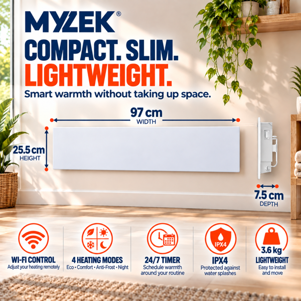 MYLEK Panel Space Heater White Low Level 1KW Eco, Smart and WiFi App Slimline Low Energy - Wall Mounted, Bathroom IPX4