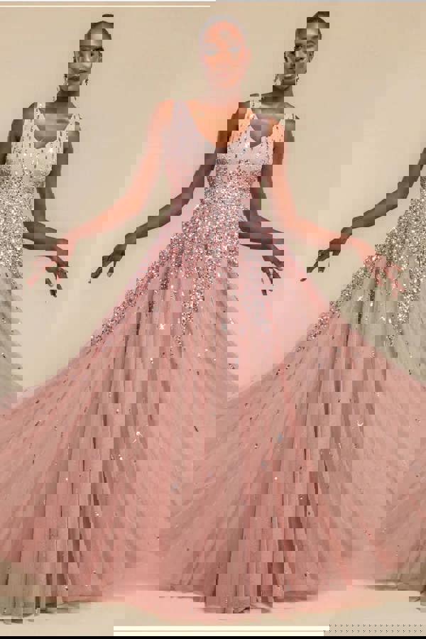 Sunray Hand Embellished Sequin A-Line Sleeveless Maxi Dress - Blush Pink DR2882