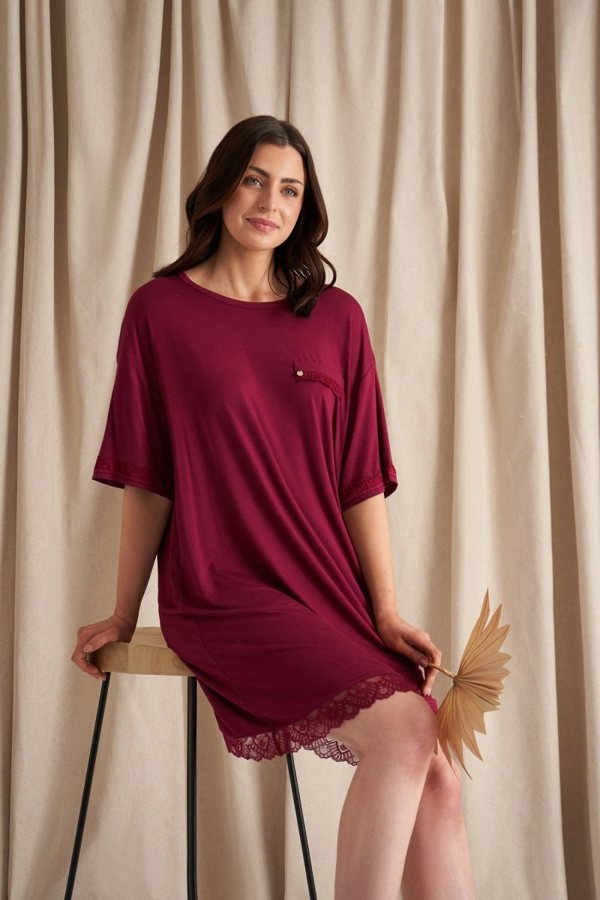 Bamboo Lace Tee Dress in BordeauxNightwear