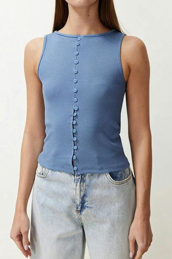 WOVCOR Buttoned Fitted Ribbed Stretch Knit Blouse