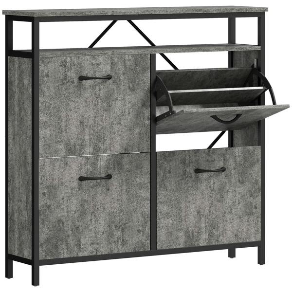 Cement grey shoe storage cabinet with open shelf and two flip drawers, dark handles