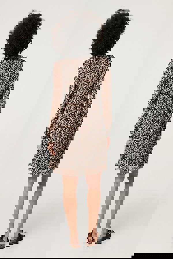 Beige | Animal Print Long Sleeve Short Dress
