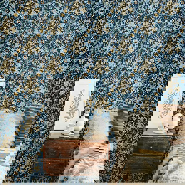 Hoopla Walls Lily Ogee - Navy Blue 10m Wallpaper