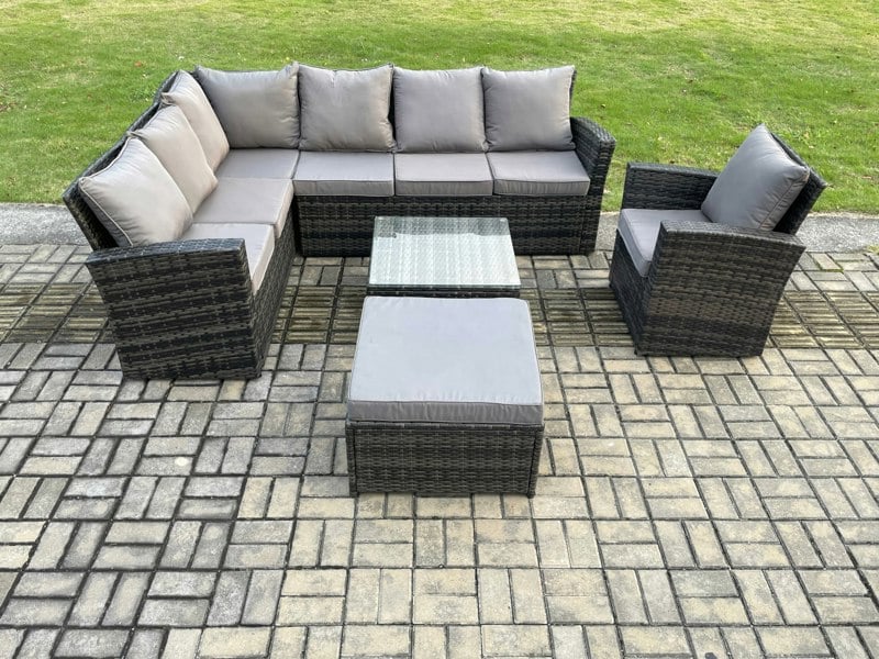 Fimous Rattan Garden Furniture Set Outdoor Lounge Corner Sofa Set With Square Coffee Table Big Footstool Armchair 8 Seater Dark Grey Mixed