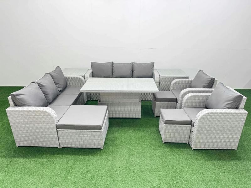 Fimous PE Rattan Garden Furniture High Back Lounge Patio Set, Adj Height Table, 3 Seater Sofas, Reclining Chairs, 3 Stools, 2 Side Table, Light Grey