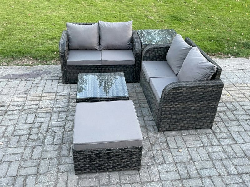 Fimous Rattan Sofa Set Outdoor Garden Furniture Set with Square Coffee Table Loveseat Sofa Big Footstool Side Table Dark Grey Mixed