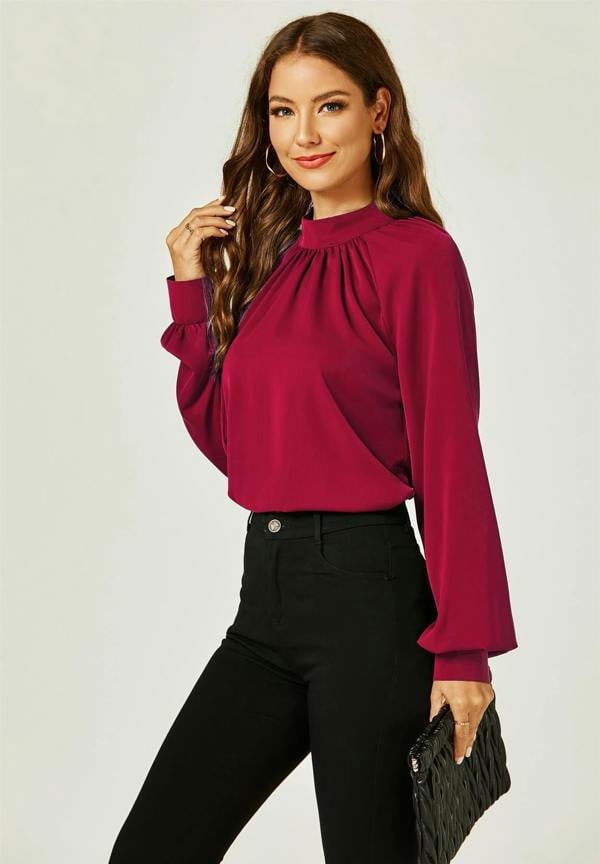 FS Collection Halter Neck Long Sleeve Blouse Top In Wine Red