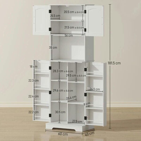181.5 cm Freestanding Storage Cabinet, Tall Kitchen Cupboard with Adjustable Shelves, 8 Door Spice Racks, White