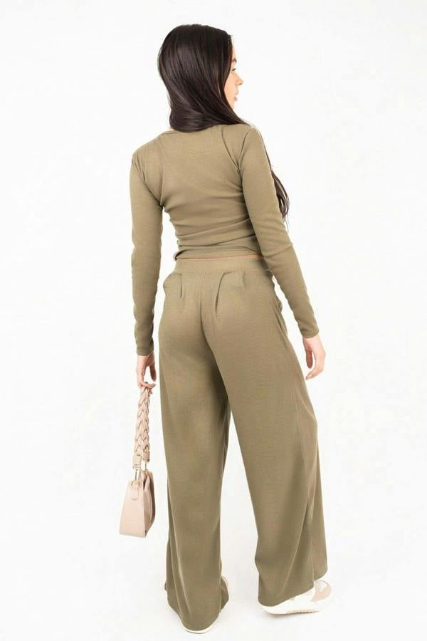 ikrush Enaya V Neck Long Sleeve Ribbed Top & Wide Leg Trousers Co-ord Set