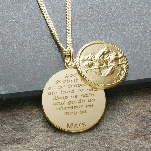 Christopher James of London 9ct Yellow Gold Personalised Round St Christopher With Travellers Prayer