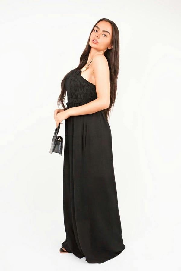 Yasi Shirred Bandeau Wide Leg Jumpsuit - Black