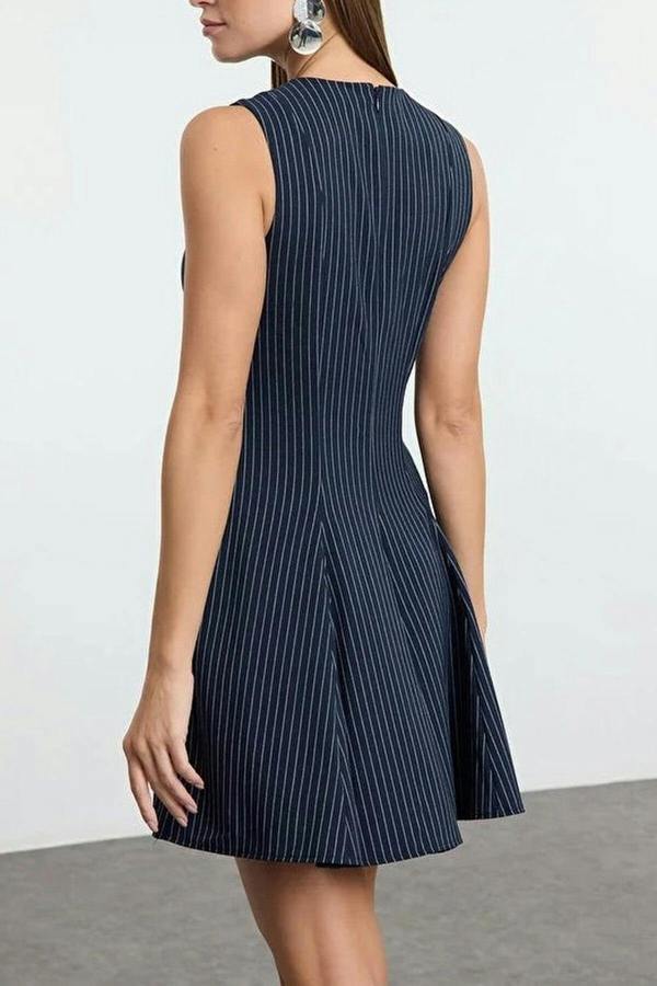 WOVCOR Striped Crew Neck Mini Woven Dress
