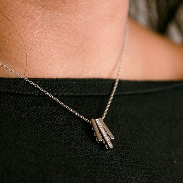 The Colourful Aura Sterling Silver Geometric Three Bar Zircon Drop Minimalistic Pendant Necklace