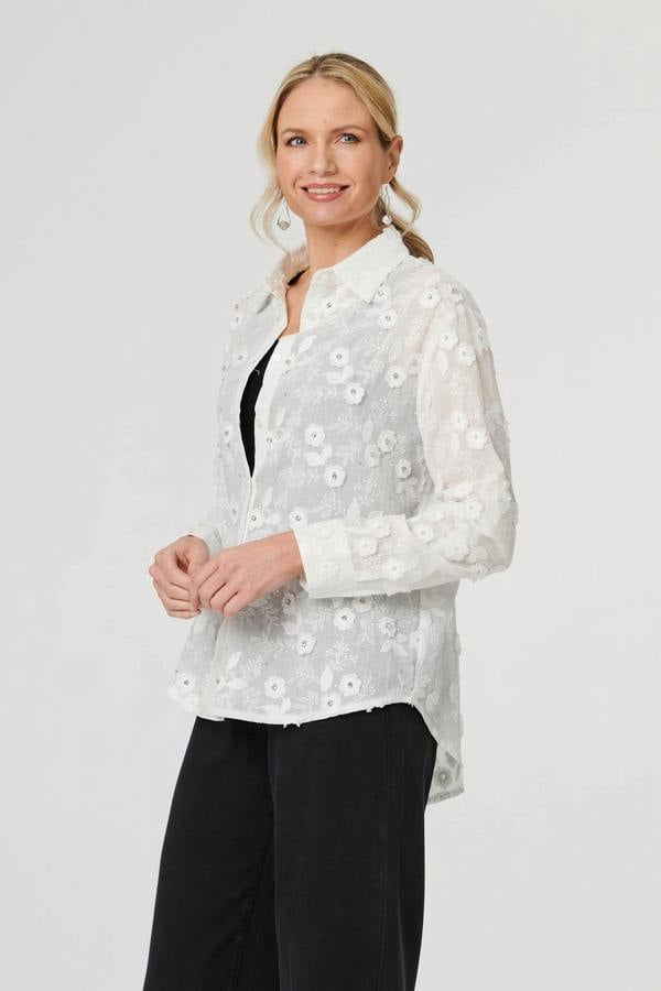 White | Floral Lace Embroidered Semi Sheer Shirt