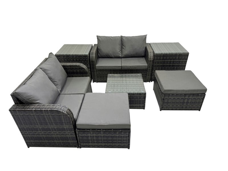 Fimous Rattan Garden Outdoor Furniture Set Love Sofa Square Coffee Table Set with 2 Side Table 2 Big Stools Dark Grey Mixed