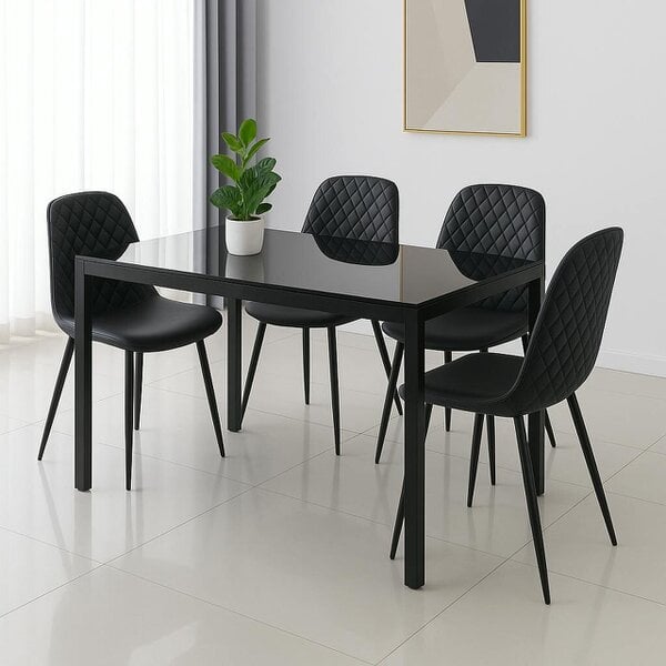 Kosy Koala Black Glass Rectangle Dining Table Set With 4 Black Gem Pattern Chairs Dining Room Furniture