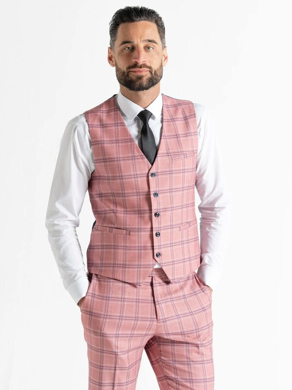 V2 Classic Kensignton Three Piece Suit - Rose with White and Navy Blue Checks