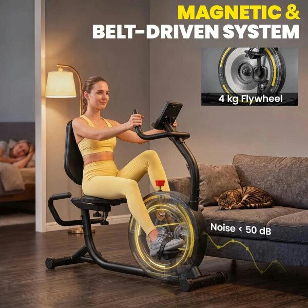 Recumbent Exercise Bike for Home, Indoor Stationary Bike for Seniors with App Connectivity, 0-100% Magnetic Resistance