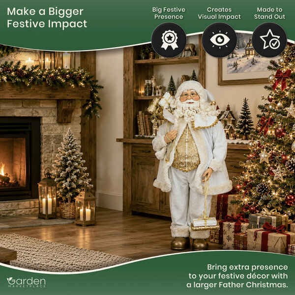 Standing Father Christmas Figure with Sack of Presents, White Santa Style Decoration, Free Standing Festive Ornament, 90cm Tall